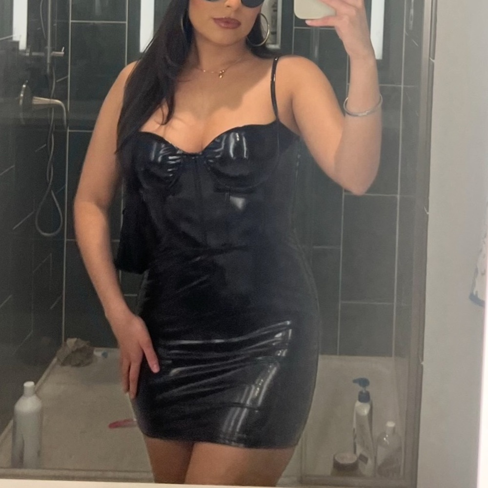 Black latex mini dress